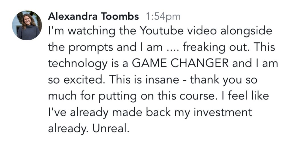 Screenshot of a testimonial from Alexandra Toombs