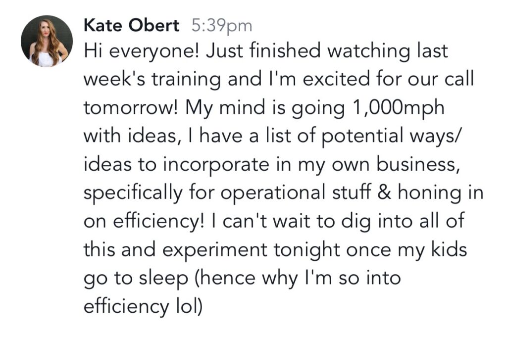 Screenshot of a testimonial from Kate Obert